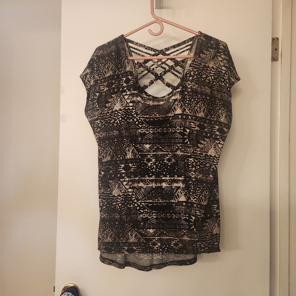 Black and Beige  Patterned Top with Crisscross Back